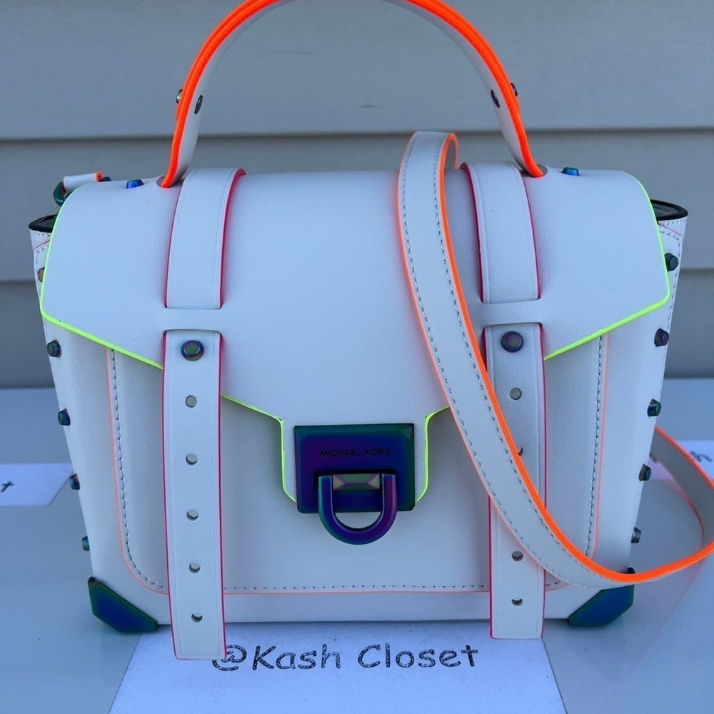 Michael Kors Manhattan Satchel Medium Leather Contrast-Trim Satchel Optic white - Picture 6 of 12